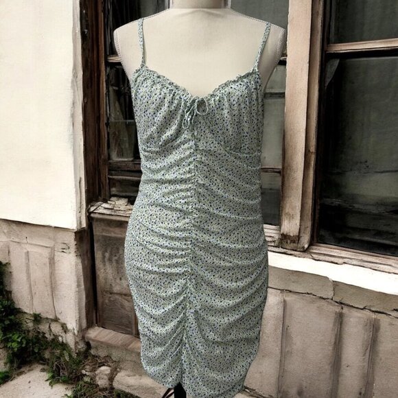 Y2K H&M Green Ditsy Floral Retro Ruched Bodycon Spaghetti Strap Mini Dress Large - Picture 1 of 8